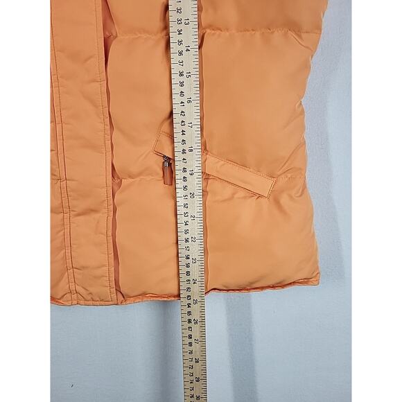 Talbots Down Puffer Vest Medium Orange Stowable Hood Quilted Zip Hiking Layering - Picture 12 of 14